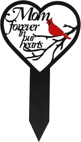 OZIO Memorial Grave Markers Heart Memorial Plaque Stake Sympathy Grave Markers Cemetery Cardinals Garden Stake Memorial Metal Grave Stake Decoration for Mom Dad Cemetery Outdoors Yard Garden(Mom-A)