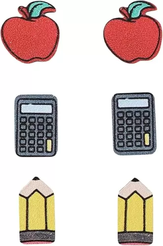 Pack of 3 Pairs Teacher Earrings for Women Apple Pencil Books Heart Graduation Back to School Earrings for Teacher Appreciation School Wood Stud Earrings Bulk