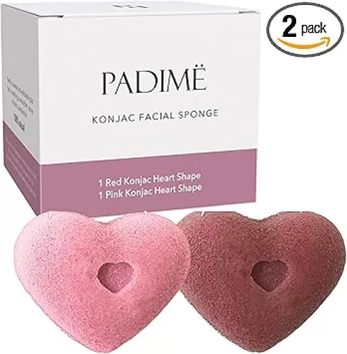 Padime 2pcs | Konjac Sponge Heart Sponges for Face | Face Sponges for Cleansing | Red & Pink Styles | Face Scrubber Sponge for Exfoliating & Cleaning - Esponjas con Forma de Corazon para la cara