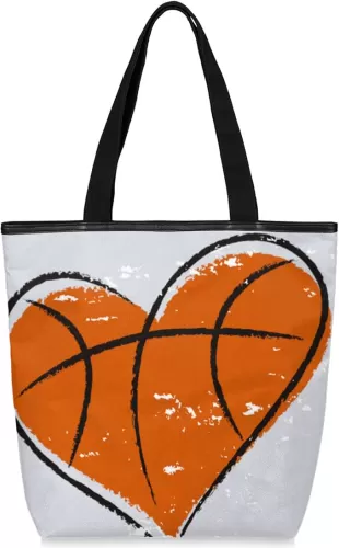 Pardick Heart Shape Basketball Canvas Tote Bag, Eco Friendly Reusable Grocery Shopping Bags Beach Bag Book Tote Handbags Washable Shoulder Bag With Zipper Inner Pocket for Women Girls