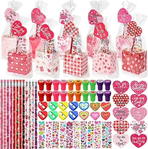 Pasimy 240 Pcs Valentine's Day Stationery Gifts for Kids, Valentines Popcorn Boxes Valentines Gift Tag Heart Shape Pencil Sharpener Eraser Pencil Sticker Stamp for Classroom Exchange Gift Prize Supply