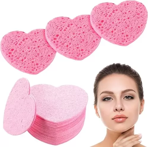 Patelai 50 Count Heart Compressed Facial Sponges Pink Pads for Face Cleansing Exfoliating Makeup Remover Skincare Travel Home
