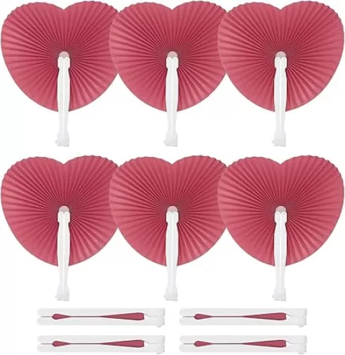 PATIKIL Heart Shape Paper Hand Fans, 20 Pack Bulk Folding Fan Handheld with Plastic Fan Handles for Wedding Party Decoration Birthday Guest Favors DIY Supplies, Rose Red