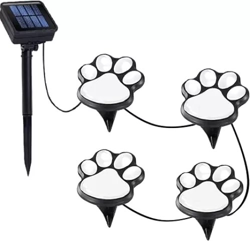 Paw Print Solar Lights - Outdoor Garden Decoration Waterproof, Cat Dog Animal Set (4), Pet Cemetery, Grave Memorial, Gifts for Pet Lovers (Cool White)