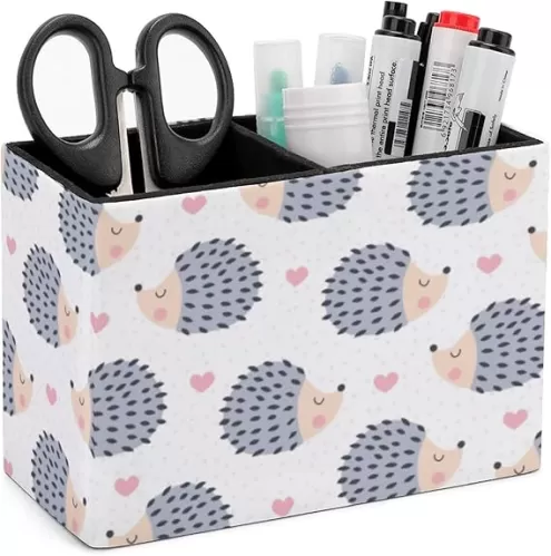 Pen Holder, Pencil Holder for Desk, Love Heart Cute Hedgehog PU Leather Desktop Pen Cup Storage, Desk Pencil Pen Organizer Makeup Brush Holder for Office Bedroom Home