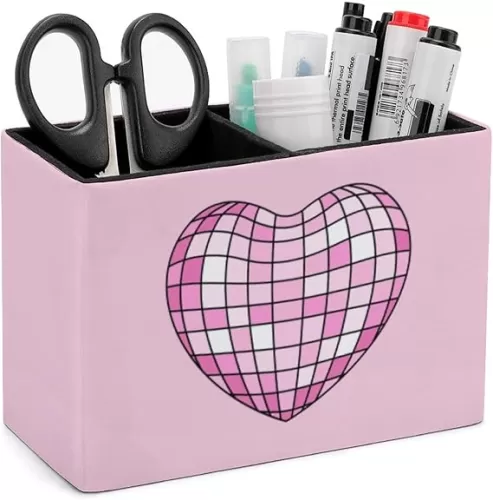 Pencil Holder for Desk, Pink Heart Shaped Disco Ball Pen Holder Storage Desktop Pen Organizer Desk Pencil Organizer Makeup Brush Holder for Office School College Leather
