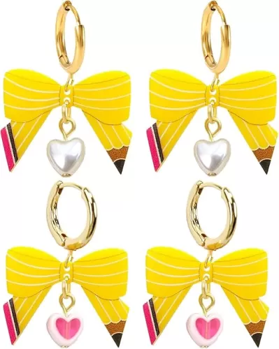 Pencil Shaped Bow Earrings for Women Cute Colorful Teacher Earrings Heart Dangle Preppy Earring Bow Trendy Earrings Cool Pencil Earrings for Teachers Graduation Back to School Creative Jewelry