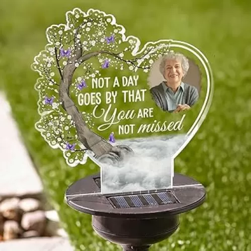 Personalised Solar-Power Light Grave Stake Marker - Headstone Memorial Plaque - Custom Remembrance Garden Stake - Acrylic Sign with Photo Text - Heart Shape Solar Light (Color 3)