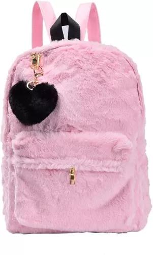 Pink Backpack Purse for Women Fluffy Fleece Bags Faux Fur Heart (Pink)