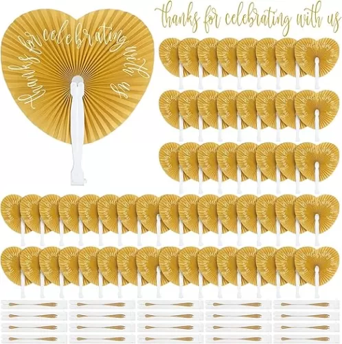 Pinkunn 120 Wedding Favors Fans Wedding Handheld Folding Fans Bulk Thanks for Celebrating with Us Bridesmaid Gift for Bridal Dancing Props Photo Props Church Anniversary Party(Gold, Heart)