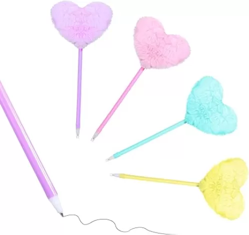 Pom Pom Ballpoint Pen, 4 Pcs Cute Puffy Heart Pens, Black Ink Fluffy Pen for Girls, Colorful Fun Fuzzy Pens for School, Party, Office Supplies