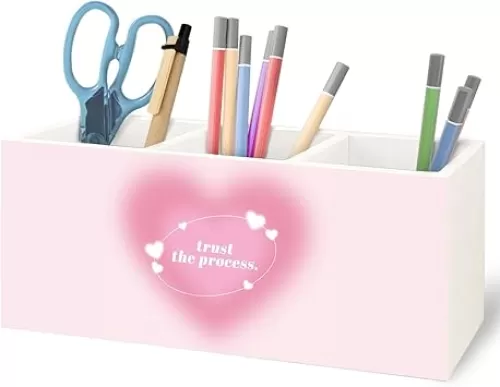 Preppy Pink Heart Aura Inspirational Wooden Pen Pencil Holder for Office Desk Accessories, Trust the Process Spiritual Positive Makeup Brush Toothbrush Holder Organizer
