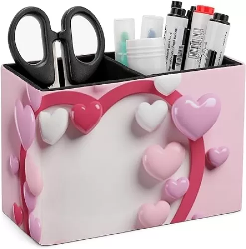 PU Leather Pen Holder, Heart Shape Pencil Holder for Desk, 2 Compartments Cute Desk Pen Cup Holder, Office Desk Organizer for Office Home Desktop Accessories