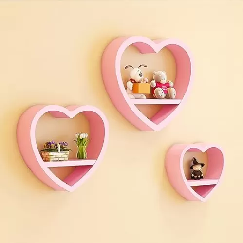 QQXX Cute Heart Shaped Floating Shelves, Set of 3 Wall Shelves Wood Floating Shelf, Kawaii Shelves for Wall Decor, Small Storage Display Rack Living Room Bedroom Bathroom(Set of 3, Pink)