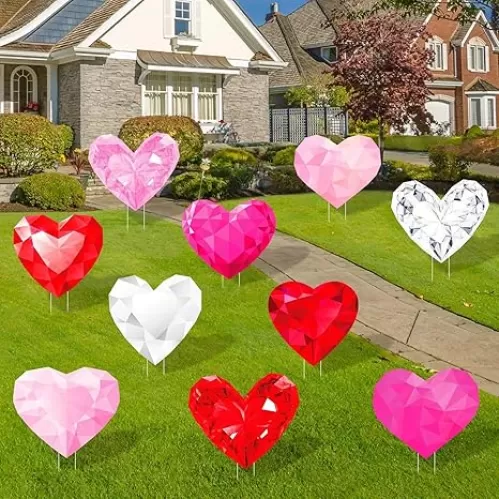 Quera Diamond Heart Sculpture - 10 Pieces Yard Signs with 20 Stakes, Red Pink, Outdoor Decorations for Valentine's Day, Wedding, Anniversary