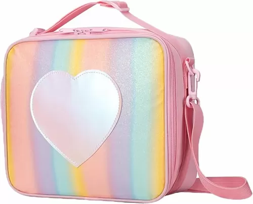 Rainbow Insulated Lunch Bag for Kids/Girl/Women - Reusable Heart-Shaped Lunch Bag for School Office Picnic Hiking Beach - Leakproof Cooler Tote Bag Organizer with Adjustable Shoulder Strap - Pink