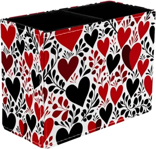 Rectangular Pen Holder 2 Compartment, Pencil Organizer Desk Accessories, seamless hearts pattern