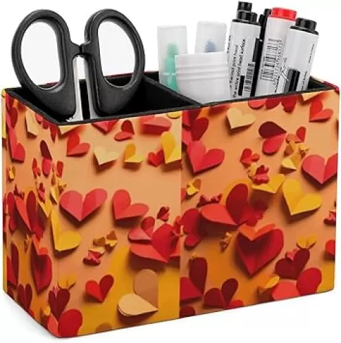 Red And Yellow Heart Shapes Pen Holder PU Pencil Cup Women Makeup Brush Holder Waterproof Office Desk Organizer Accessories for Home Office