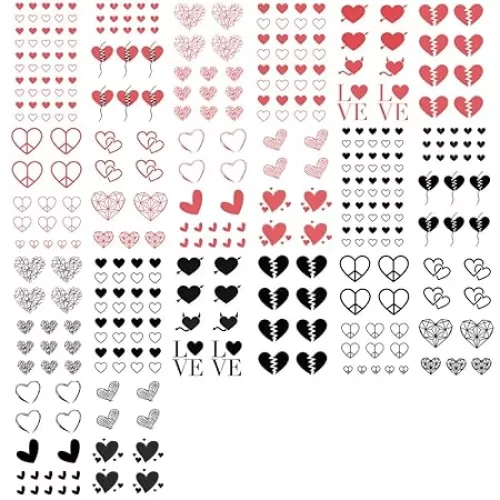 Red Black Love Hearts Temporary Tattoos 15 Designs 2 Colors 360 Patterns, Waterproof Valentines Decal Tattoo Stickers for Women