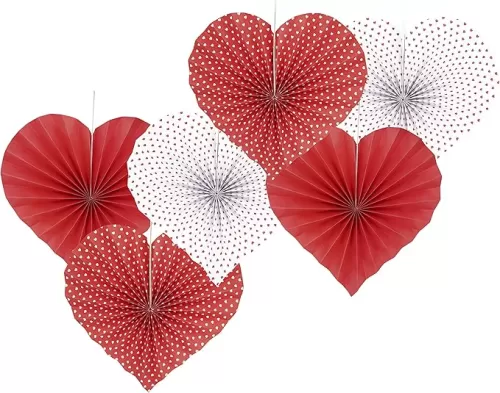 Red Heart Valentines Party Hanging Decorations Paper Fans Wedding Anniversary Bachelorette Bridal Shower Baby Shower Birthday Party Photo Backdrops Decorations, 6pc