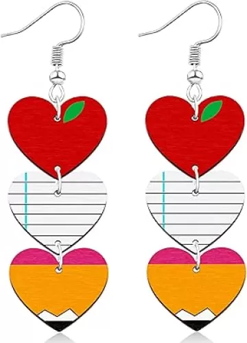 Ronglry Double-sided Print Wooden Teacher Earrings for Women Apple Pencil Book Heart Rainbow Shaped Dangle Earrings for Teachers Lightweight Back to School Graduation Earrings Fun Teacher Appreciation Jewelry Gifts from Students