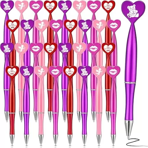 Roowest 48 Pcs Valentine's Day Heart Shaped Pens Bulk 1 mm Novelty Black Gel Ink Ballpoint Pens Valentine's Day Party Favors for Kids School Classroom Prizes Exchange Gifts