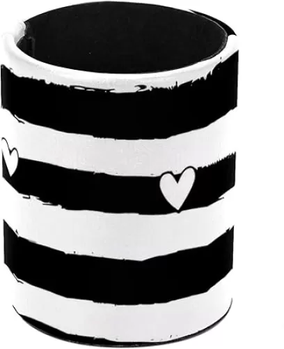 Round Pencil Holder for Desk, Black and White Stripes with Valentines Hearts Large Pencil Pen Cup, Desk Accessories & Workspace Desk Organizer for Home, School, Office