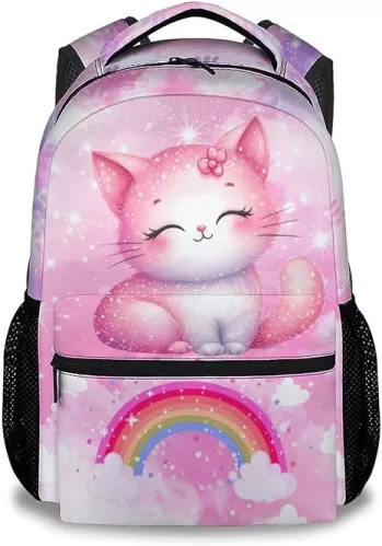 School Backpack for Girls - Cat Backpack for Cat Lovers - Kids Bookbag School Supplies for Primary - 17 Inch Durable Lightweight Girls School Bag