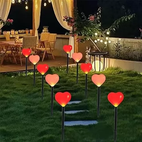Set of 5 Solar Red Heart Stake Lights for Valentines Day Outdoor Decor, Solar Walkway Lights, Waterproof Heart Lights for Garden Pathway Porch Walkway Valentine