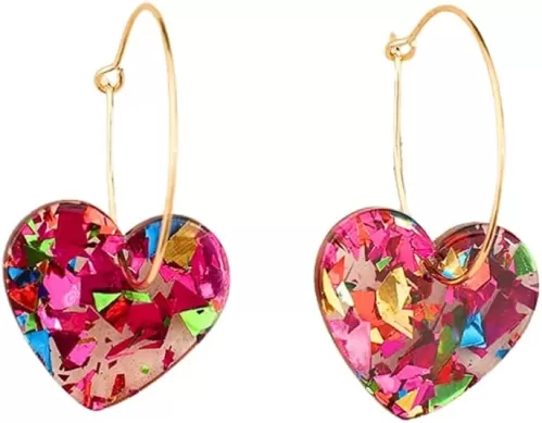 Shiny Love Dangle Earrings Acrylic Heart Shaped Hoop Earrings Statement Resin Jewelry Valentines Mothers Day Gifts for Women Lovers