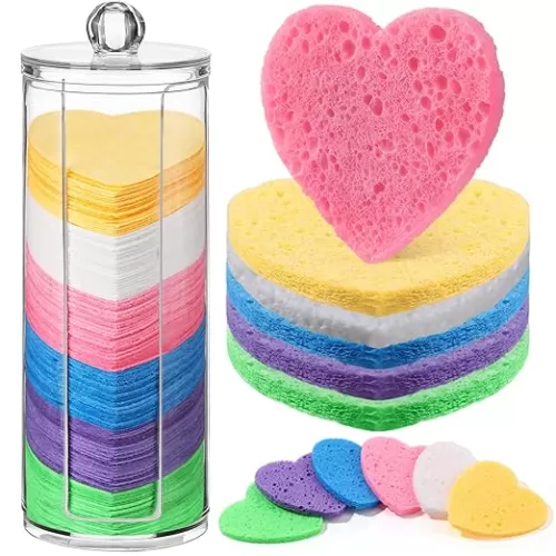 Sieral 120 Pcs Compressed Facial Sponges with Container Disposable Face Sponge Pads for Washing Face Cleansing Exfoliating Esthetician Makeup Removal(Heart, Pink)