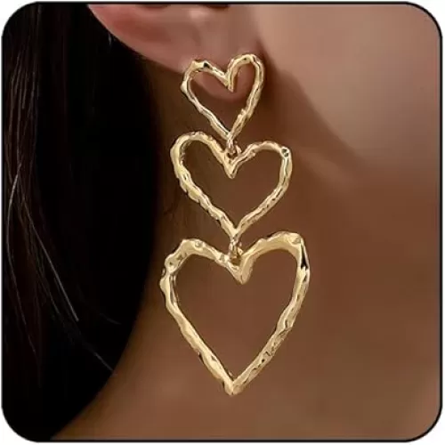 Silver & Gold Heart Dangle Earrings - Pink & Sparkle Rhinestone Bling Heart Jewelry