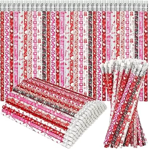 Sinmoe 50 Pcs Valentine's Day Pencils Bulk Heart Pencils with Eraser Valentines Party Favors for Kids Gifts Party Supplies Classroom Rewards Goodie Bags Fillers
