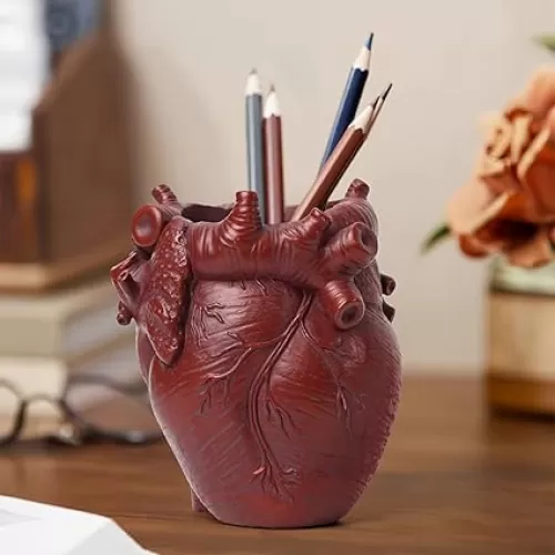 Small Human Heart Organ Shape Pen Holder Home Office Desk Storage Resin Decor, Makeup Brush Holder, 4.1" x 3.5", Red
