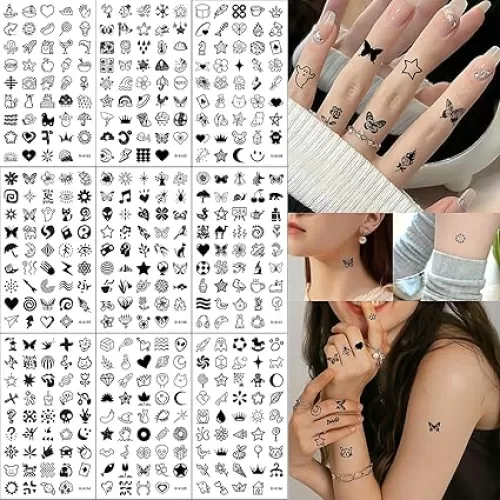 Small Temporary Tattoos for Women Girls, 450 PCS Cartoon Heart Tiny Finger Hands Fake Tattoo Stickers Cute Black Bohemia Vintage Tatoos Birthday Party Favor Supplies Gift for Kids Teen