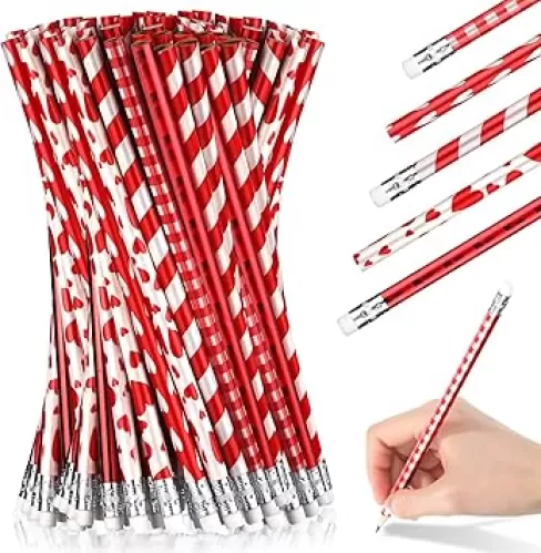 Spakon Valentine Pencils Classic Novelty Heart Stripe Pencils with Eraser Assorted Valentines Party Supplies Carnival Prize Office Supply, 5 Style(50 Pieces)