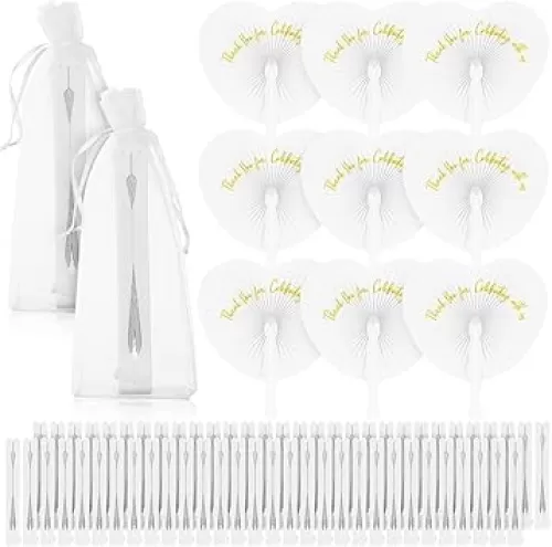 Suzile 50 Pcs Wedding Paper Fans with 50 Organza Bags Heart Shaped Folding Handheld Fans Thank You for Celebrating with Us White Paper Fans with Plastic Handle for Guests Anniversary Birthday Party