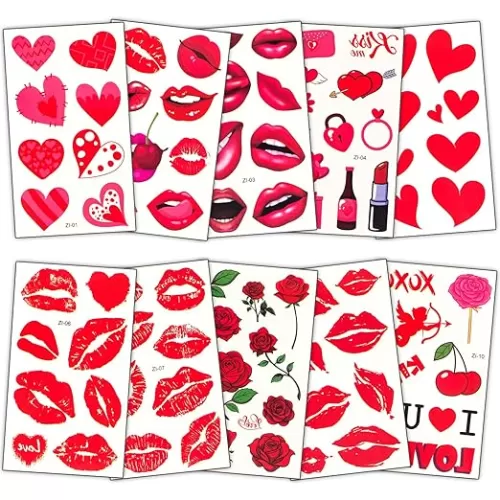 Tattoos for Women and Men, Red Lip Heart Prints Temporary Tattoos Stickers Set, Tattoos for Valentines Decoration Birthday Party Supplies (10 Sheets)