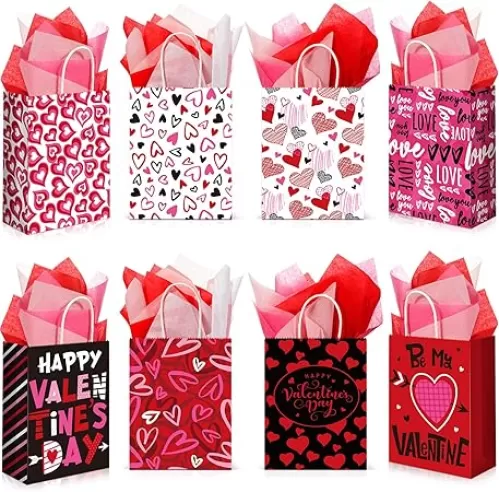 Tatuo 32 Pcs Valentines Day Gift Bags Valentines Kraft Paper Bags with Tissue Paper Heart Shaped Treat Goodies Bag for Wedding Holiday Party Gift Giving Classroom Exchange Prizes(Lovely)