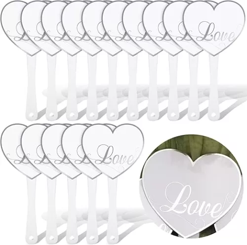 Tatuo 48 Pcs Love Wedding Hand Fans Bulk Heart Shape Paper Wedding Hand Card Stock Fans with Plastic Handle Adhesive Dots for Reception Props Church Party Favor