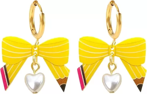 Teacher Earrings for Women Pencil Shaped Bow Earrings Cute Colorful Heart Dangle Preppy Earring Bow Trendy Earrings Cool Pencil Earrings for Teachers Graduation Back to School Creative Jewelry