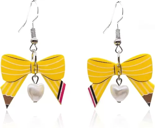 Teacher Earrings for Women Pencil Shaped Bow Earrings Pearl Heart Dangle Pencil Earring First Day of School Earrings Graduation Back to School Creative Jewelry