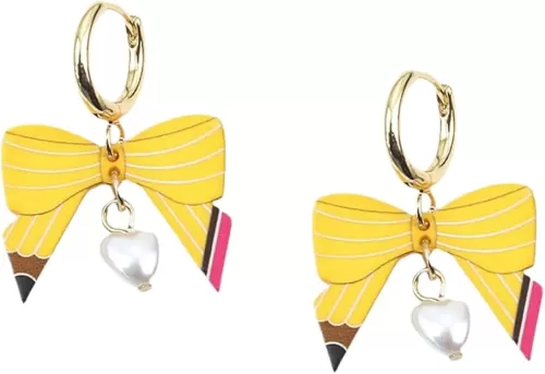 Teacher Earrings for Women Pencil Shaped Bow Hoop Earrings Pencil Heart Dangle Earring Trendy Bow Earrings First Day of school Earrings for Teacher