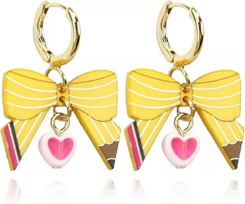 Teacher Earrings, Pencil Shaped Bow Earrings Pearl Heart Dangle Earring Trendy Bow Earring Cool Earrings For Women Teachers' Day Gifts Jewelry