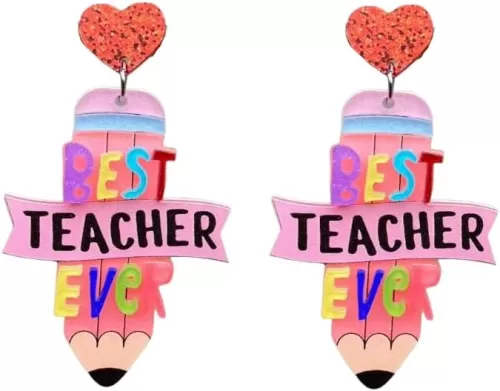 Teacher Pencil Earrings Love Heart Pendant Best Teacher Ever Earring Resin Acrylic Teachers Appreciation Day Back to School Gifts
