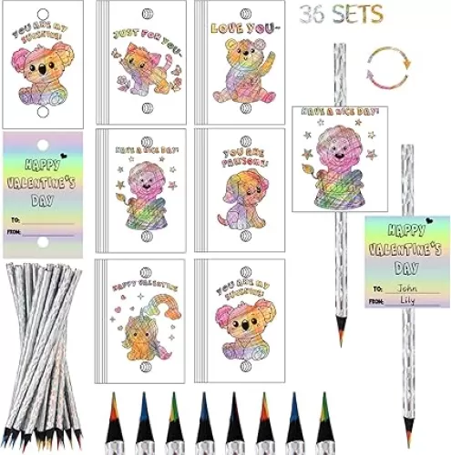 Tenceur 36 Set Valentines Day Gift Holographic Iridescent Rainbow Pencils for Kids with Happy Valentine‘s Day Cards 7 Color in 1 Colored Pencils for Girl Boy School Classroom Art Drawing