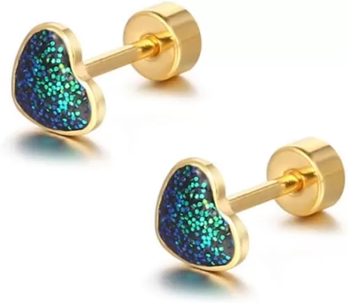 Tiny Love Heart Shaped Titanium Stud Earrings Hypoallergenic Colorful Sparkle Sequins Love Stainless Steel Cartilage Stud for Women Jewelry