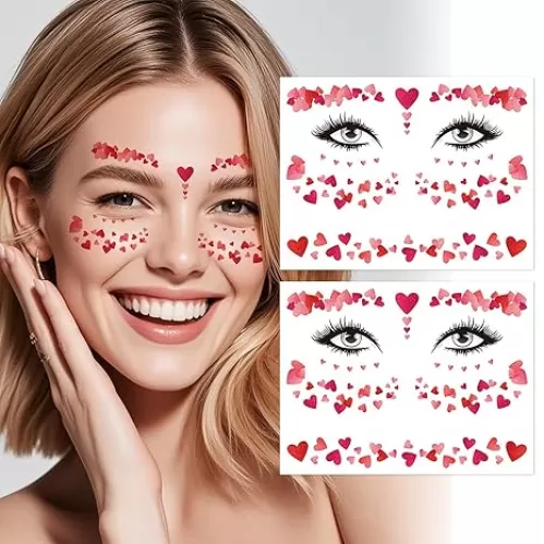 Totelux Valentines Face Tattoos Glitter Heart Face Stickers Red Pink Heart Temporary Tattoo for Adult Kids Makeup Valentines Day Festive Cosplay Party Decoration Supplies 2Pcs