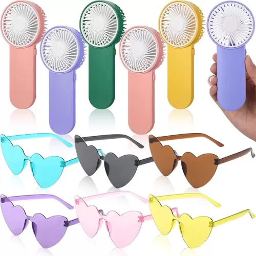Tuanse 12 Pcs Portable Handheld Fan Heart Shaped Sunglasses Bulk Summer Party Favors Supplies Pocket Fans Heart Glasses for Beach Gift Swimming Travel Trip Park Outdoor