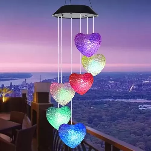 Tvoip Color Changing LED Solar Power Lamp Heart Wind Chimes Garden Decoration Yard Waterproof LED Light Lighting Hanging Decor (Heart)
